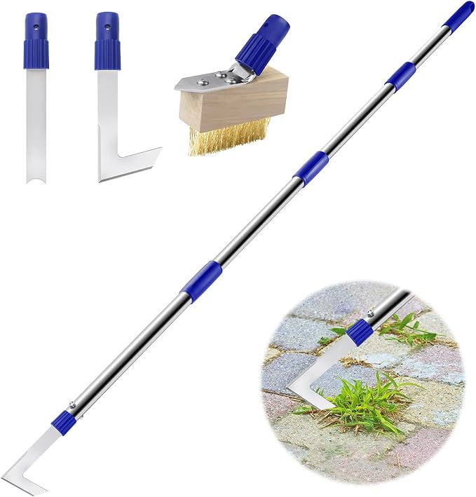 Crack Weeder Tool Long Handle, 60" Garden Tool for Weeding Between Pavers, 3 in 1 Hand Weed Scraper and Weed Brush Set, Manual Crevice Weed Remover Tools for Paver, Sidewalk, Driveway Crack, Patio