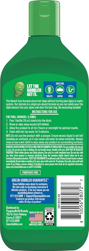 Green Gobbler Hair Drain Clog Remover | Formulated to Quickly Dissolve Hair Clogs