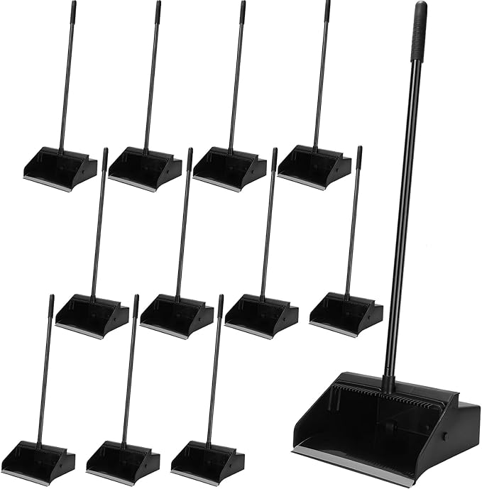 Leumoi 12 Pcs Dust Pans with Long Handle Set 36.6 Inch Commercial Dust Pan with Comb Large Plastic Stand up DustPans for Outdoor Indoor Restaurant Home Office Floor Cleaning (Black)
