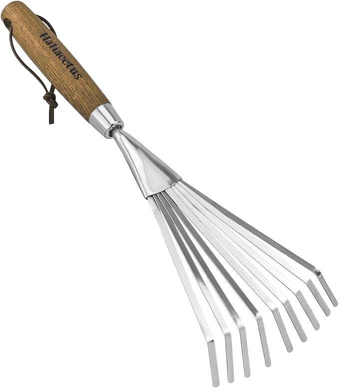 Haliaeetus Garden Hand Rake, 14.6'' Small Rake for Tight Areas, 9 Tines Stainless Steel Garden Rake with Ergonomic Wood Handle for Clearing Leaves and Loose Debris in Flower Bed and Around Plants