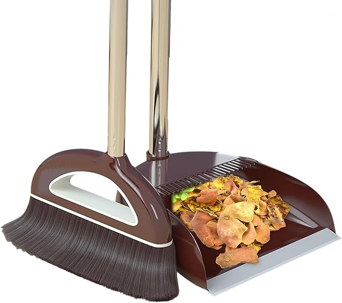 Broom and Dustpan Set with Long Handle - Dust Broom and Dustpan Combo, Lightweight Robust Kitchen Brooms Dustpans, Ergonomic Duster Tool Cleaning Gadgets, for Home, Kitchen, Offices, Pet Hair, Coffee