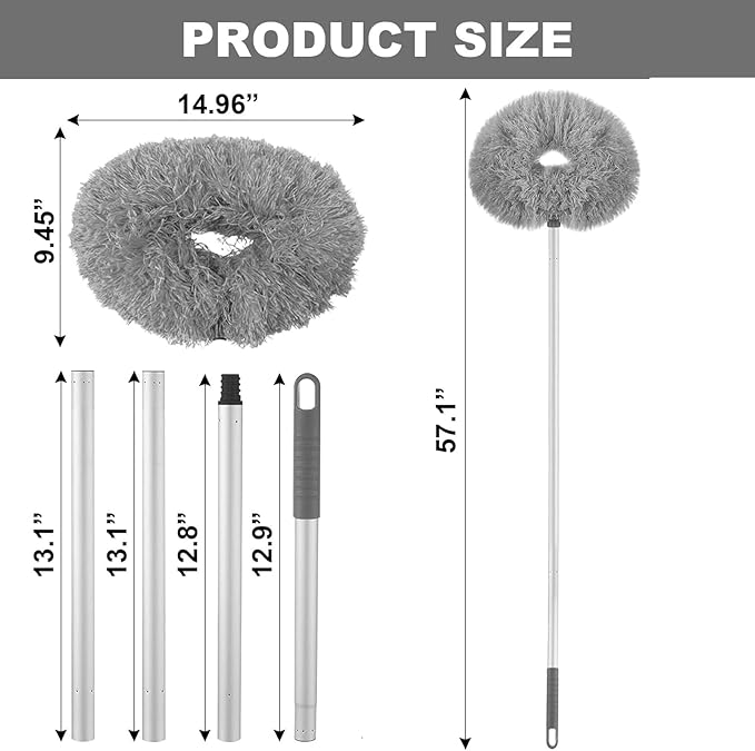 Ceiling Fan Cleaner Duster,Extra Long Dusters with Extension Pole 47 inch for Cleaning, Circle Shape Microfiber Reusable Duster & Flexible Brush, Ceiling Fan Duster for High Ceilings, Furniture (Grey)