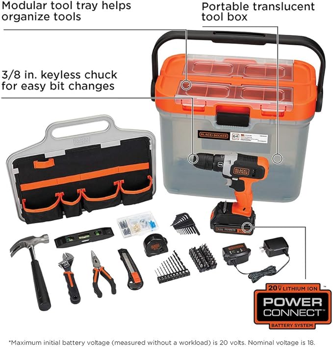 BLACK+DECKER 20V MAX Drill with Home Tool Kit, 64-Piece (BCKSB62C1)