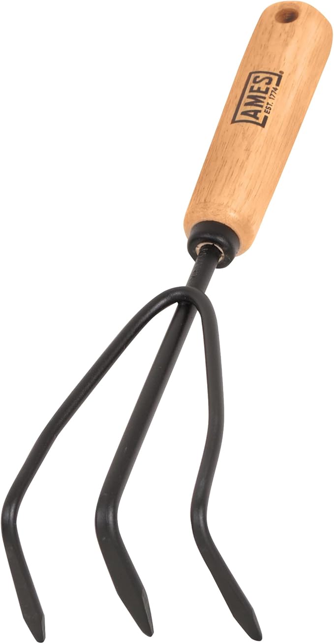 AMES 2446300 Tempered Steel Hand Cultivator with Wood Handle, 11-Inch, Brown