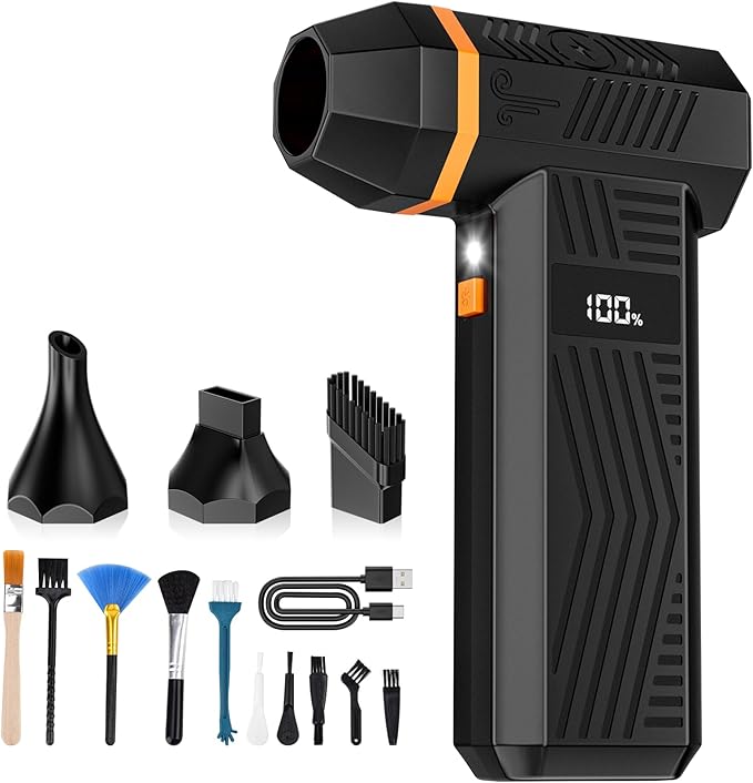 Compressed Air Duster, 180000RPM Electric Air Duster with 4-Speed Adjustable & Display Screen & LED Light & 5000mAh Battery, Rechargeable Cordless Electronics Air Blower for Keyboard/PC/Car