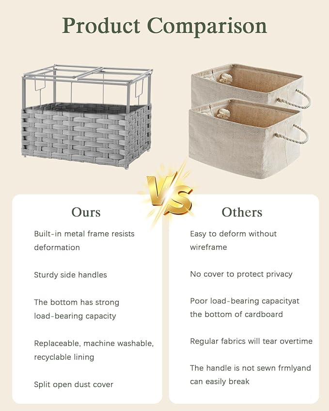Storage Basket with Lid Woven Wicker Baskets with 2 Separate Lid, 9.2 Gallon (35 L) Wicker Storage Bins with Handles, Foldable and 2 Removable Liner Bags for Bedroom, Laundry Room Gray