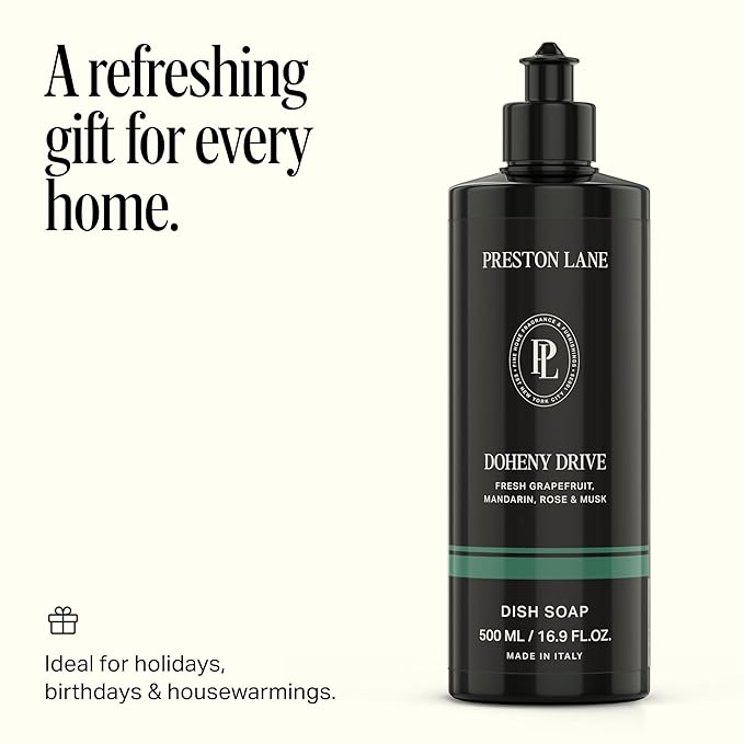 Preston Lane Luxury Dish Soap, Doheny Drive Scent | Plant Powered Formula with Essential Oils | Tough on Grease, Gentle on Hands | Vegan, Cruelty Free, Clean Ingredients