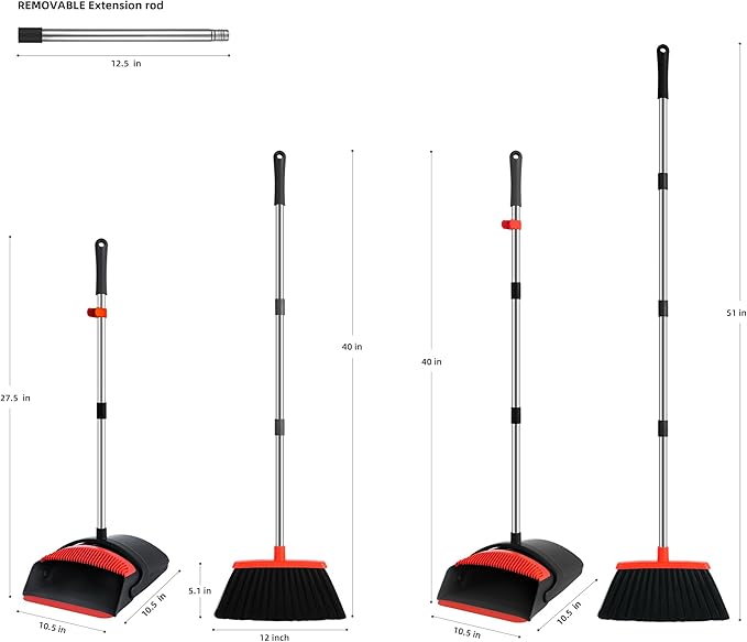 Broom with Dustpan Combo Set for Home 54-in Long Adjustable Handle Angle Broom and Dustpan Set with Dustpan Comb Teeth for Sweeping Pet Hair Food Dirt Kitchen (Black)