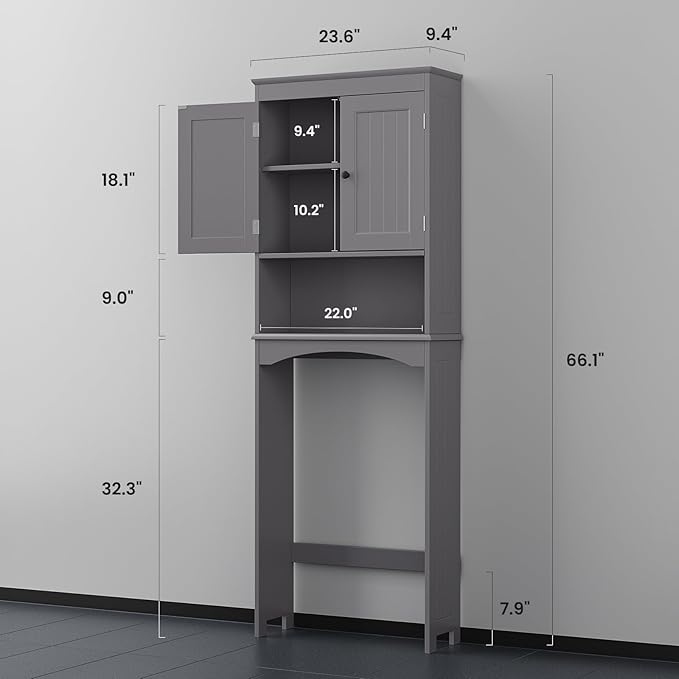 Bealife Over The Toilet Storage Cabinet with Open Shelf, Organizer with Adjustable Shelf and Double Doors,Over The Toilet Storage Shelf Free Standing (Grey)