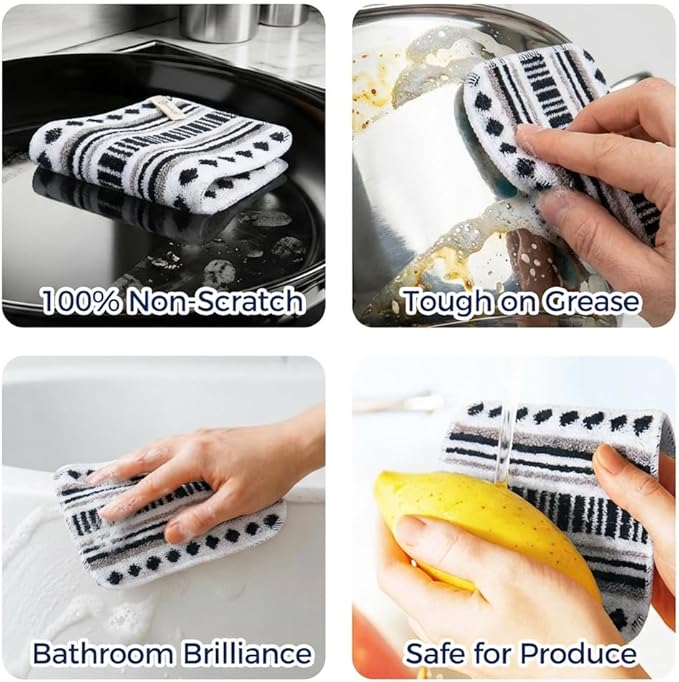 Amarelle GEN II Dish Washing Scrubbers (10-Pack), Made in Green Kitchen Scrubbers for Dishes, Non Scratch Pot & Pan Scrubber, Heavy Duty GOTS Organic Cotton Scouring Pads, Reusable (Metro Sketch)
