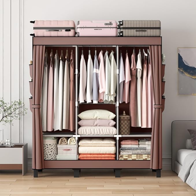 Portable Closet, 51.18" Large Capacity Clothing Storage Organizer with 3 Hanging Rods 6 Shelves 18 Side Pockets, Dustproof Sturdy Wardrobe for Bedroom Dorm Rental Apartment (Coffee, Large)