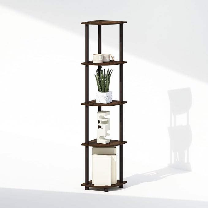 Furinno Turn-N-Tube Storage Shelves, 5-Tier Book Shelf, Corner Shelf, Toolless Open Shelves, for Organization and Storage, Living Room, Home Office, Hallway, Bedroom, Walnut