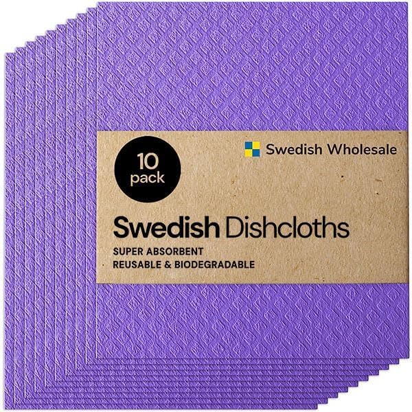 Swedish Wholesale Dishcloths Reusable 8" x 7" Sponge Cloths, Bulk 10 Pack of High Absorbent Cellulose Dish & Kitchen Cleaning Hand Towels, Wring to Dry & Machine Wash, Odor Resistant, Purple
