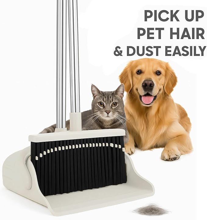 Broom and Dustpan Set for Home, Long Handle Upright Broom Dustpan Combo with Self Cleaning Dustpan Teeth, Standing Sweep Set for Kitchen Office Lobby Garage Floor Indoor Outdoor Cleaning