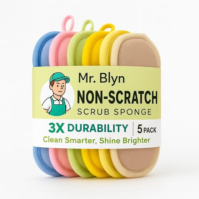 Mr. Blyn Non-Scratch Scrub Sponges for Kitchen – 5 Pack | 3X Durability Cleaning Pads | Colorful Reusable Sponge Set for Dishes, Pots & Household Use