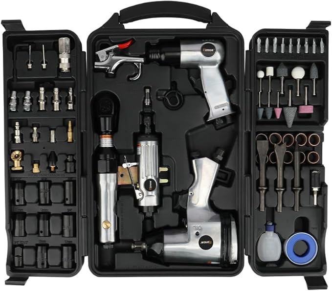 Hoteche 71-Piece Air Tool Kit | 1/2" Single-Hammer Air Impact Wrench (7000RPM), 1/2" Air Ratchet Wrench & Multiple Tools, Blow-Molded Case