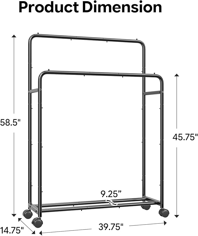 Simple Trending Clothing Clothes Rack Double Rods with Wheels, Rolling Metal Garment Rack for Hanging, Black