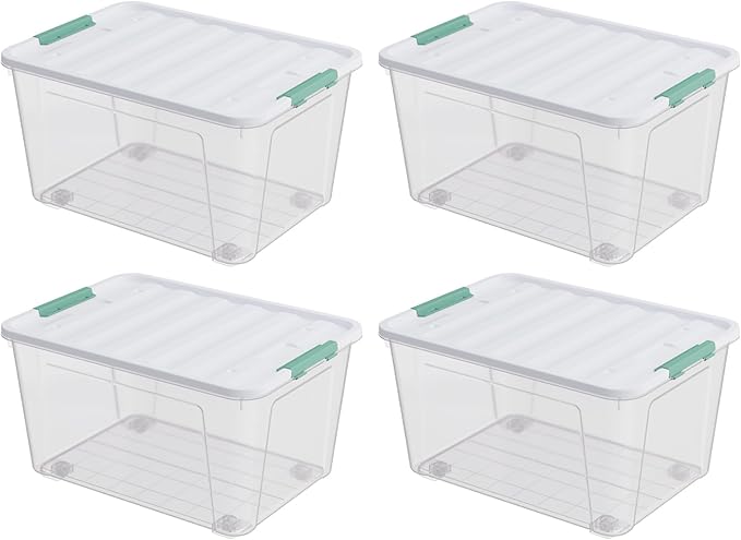 4-Pack Clear Plastic Storage Box with Wheels, 85 Quart Large Plastic Storage Bins with Latch Lids