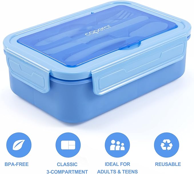 Caperci Classic Bento Lunch Box for Adult & Older Kids - Leakpoof 47 oz 3-Compartment Lunch Containers for Adults and Teens, Built-in Utensil Set, Ideal for On-the-Go, Blue