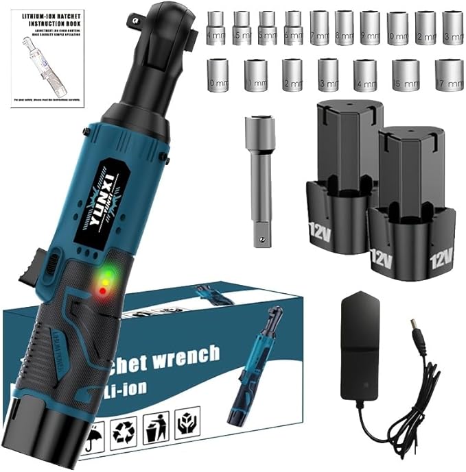 12V wireless ratchet kit, car repair screw and nut disassembly, with quick charger, suitable for home and car repair, is a holiday gift for men. (Two batteries + basic accessories)