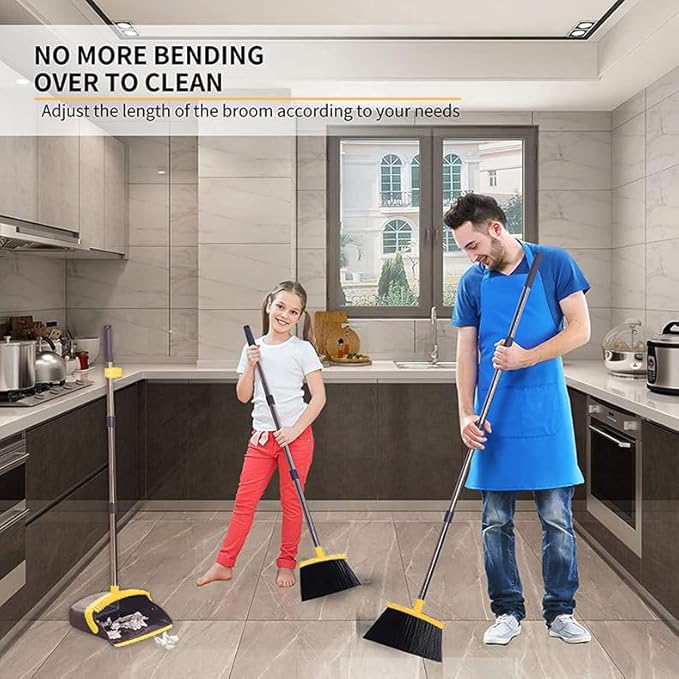 2-Pack is More economical,Brooms with Dustpan Combo Set， with 52" Long Handle, Dustpan Teeth with self-Cleaning Function, Indoor and Outdoor Sweeping, Perfect for Home Office (Large/Yellow/ 2-Pack)