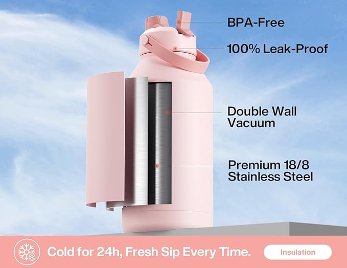 POWCAN 64 oz Insulated Water Bottle with 2-in-1 Straw and Spout Lid, Keep Cold 24H, Leak-Proof, BPA-Free, Double Wall Stainless Steel Water Bottle for Sports, Gym, Travel, and School (Cotton Candy)