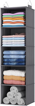 Lifewit 5 Tier Hanging Closet Organizer and Storage for Shelves, Foldable Clothes Shelf with 2 Sturdy Hooks, Sweater/Coat/Shoes Clothing Organization for Wardrobe, Dorm, Bedroom, Gray
