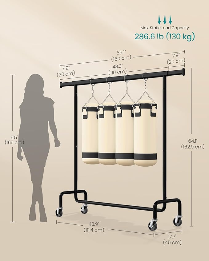 SONGMICS Clothes Rack with Wheels, Heavy-Duty Garment Rack with Extendable Hanging Rod, 286.6 lb Load Capacity, 17.7 x (43.3-59.1) x 64.1 Inches, Chrome-Plated, Matte Black UHSR011B01
