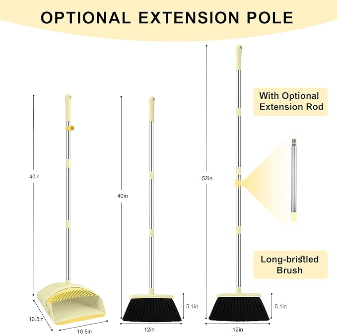 Broom and Dustpan Set House Brooms for Sweeping Indoor Collapsible Broom and Dust Pan Combo for Home Office Kitchen Lobby Floor Pet Hair (Small-Yellow)