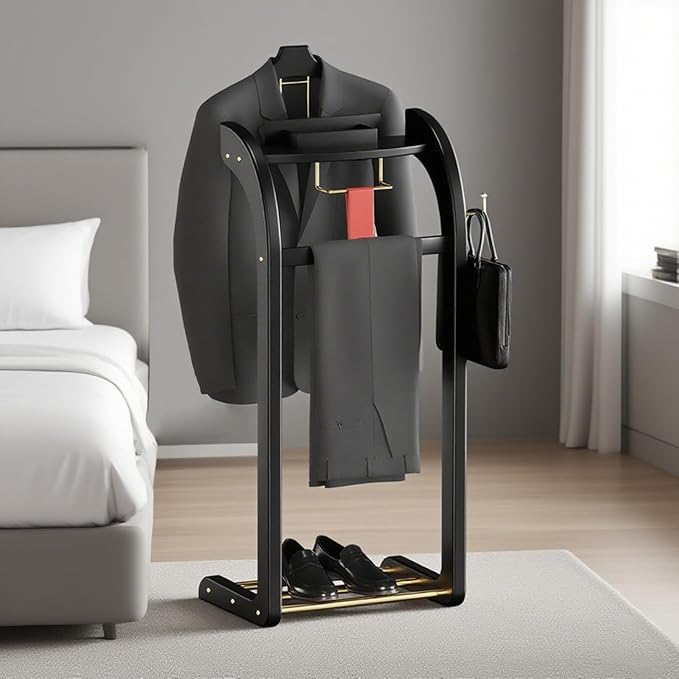 Suit Valet Stands for Women and Men, Wood Valet Stand with Base, Wardrobe Suit Valet Stand Organizer with Trouser Bar and Tie Bar, for Office Living Room (Black)