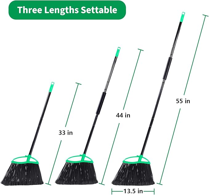 2 Pack Heavy Duty Brooms, 55" Long Handle Indoor Outdoor Angle Broom Set, Household Commercial Floor Cleaning, for Sweeping Home, Kitchen, Deck, Garage, Patio - Green