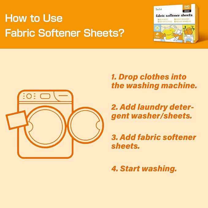 Soulink Fabric Softener Sheets for Washing Machine, No Plastic Jug Soap Strips, Alternative to Fabric Softener Liquid and Pods, Orange Scent, Up to 240 Loads