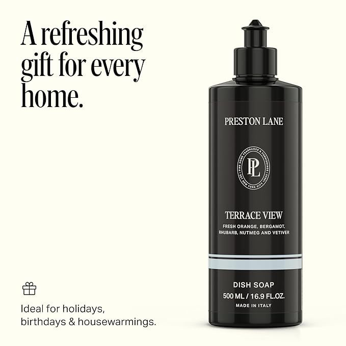 Preston Lane Luxury Dish Soap, Terrace View Scent – Plant-Powered Formula with Essential Oils | Tough on Grease, Gentle on Hands | Vegan, Cruelty-Free, Clean Ingredients