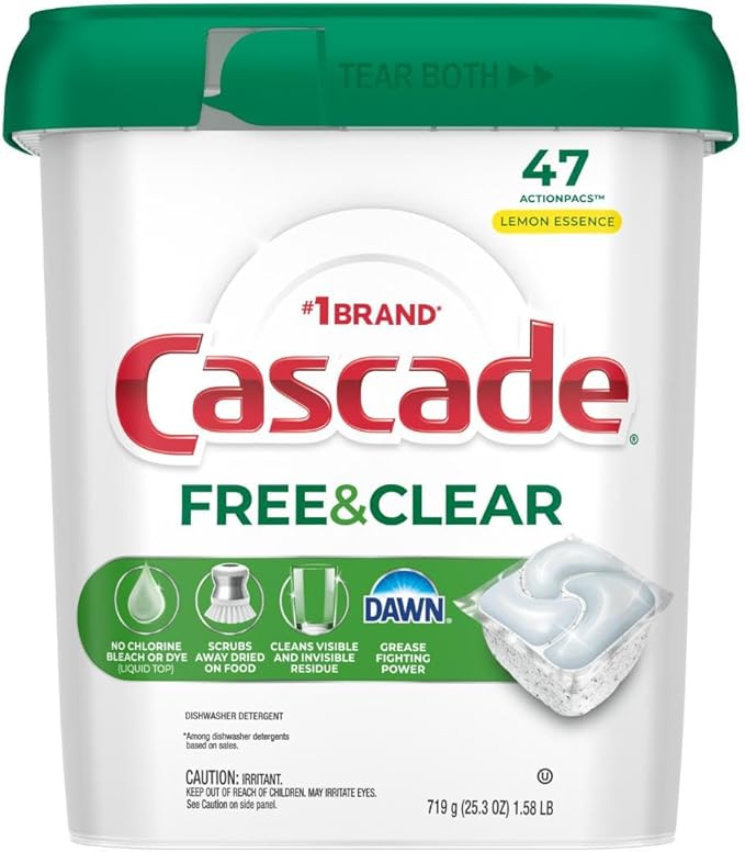 Cascade Free & Clear Dishwasher Pods, Dishwasher Detergent, Dish Detergent Soap, Lemon Essence, 47 Count