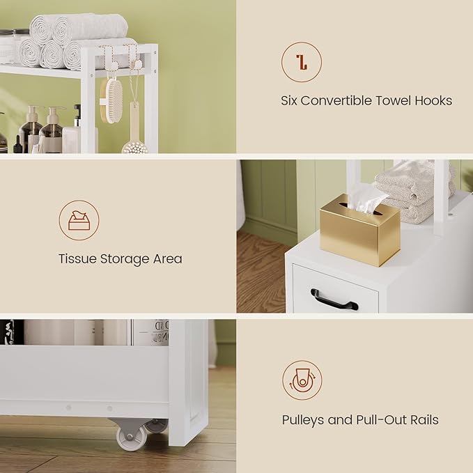 UPOSOJA Over The Toilet Storage Cabinet with Pulley, Bathroom Organizer W/6 Hooks for Restroom, Laundry, Plant Stand (White)