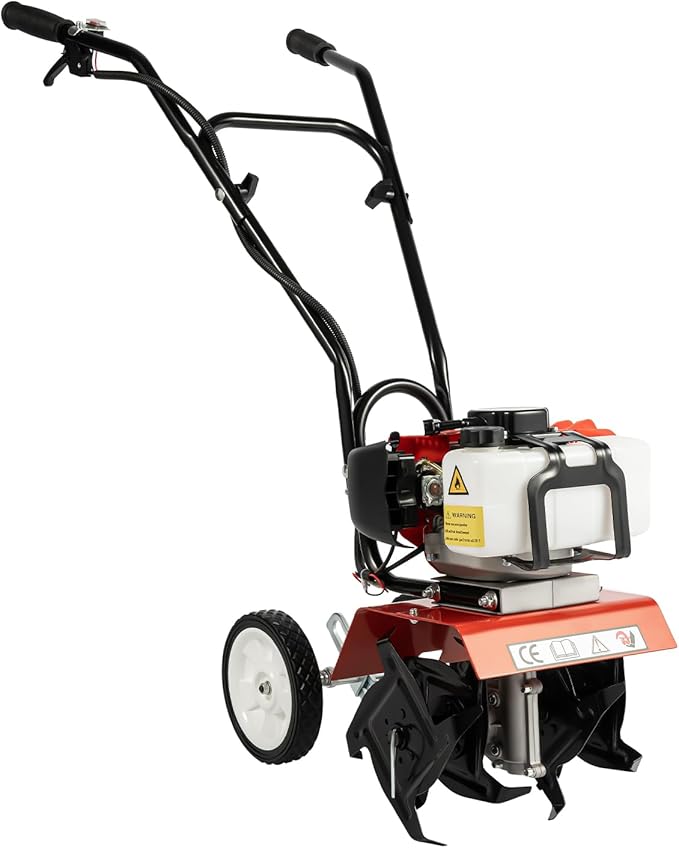 2 Stroke 52CC Gas Powered Tiller, Mini Garden Cultivator, Gasoline Powered Garden Farm Cultivator, Gas Tiller, 6500rpm for Plowing, tilling, Weeding.