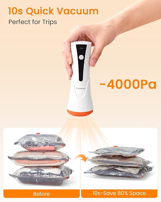 Vacuum Seal Bags for Clothing Travel with Rechargeable Cordless Pump, 15 Pack Compression Space Saver Bags for Packing, Luggage and Seasonal Storage