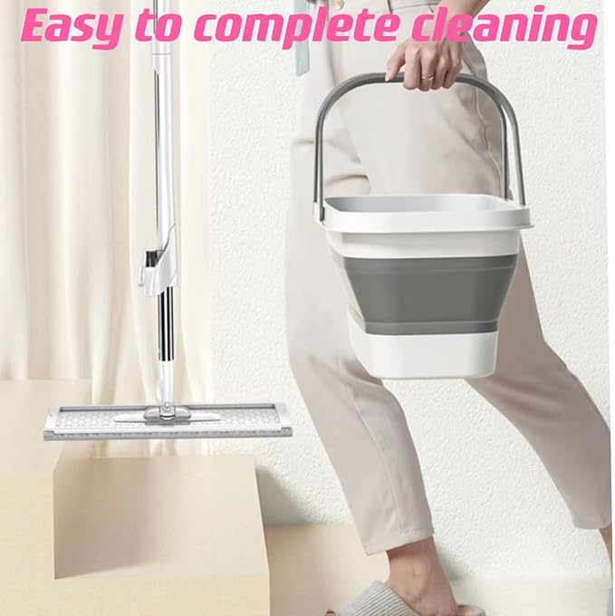 Large Flat Mop and Scalable Bucket with Wheels，360° Rotating Microfiber Dust ，Mop with Dewatering Scraper，54" Adjustable Stainless Steel (1 Mop + 4 Microfiber Pads + 1 Bucket)
