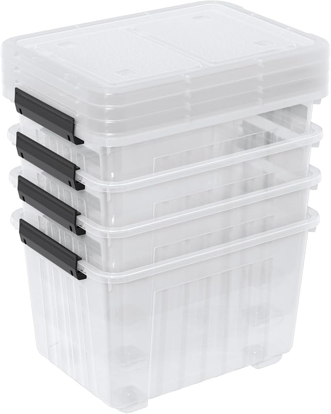 Cand 30 Quart Plastic Storage Boxes with Wheels, 4 Pack Latching Lidded Storage Bins, Clear