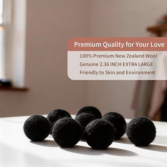 Wool Dryer Balls, New Zealand Dryer Balls Drying Balls Fabric Softener Ball for Laundry（Pack of 6) (Black)