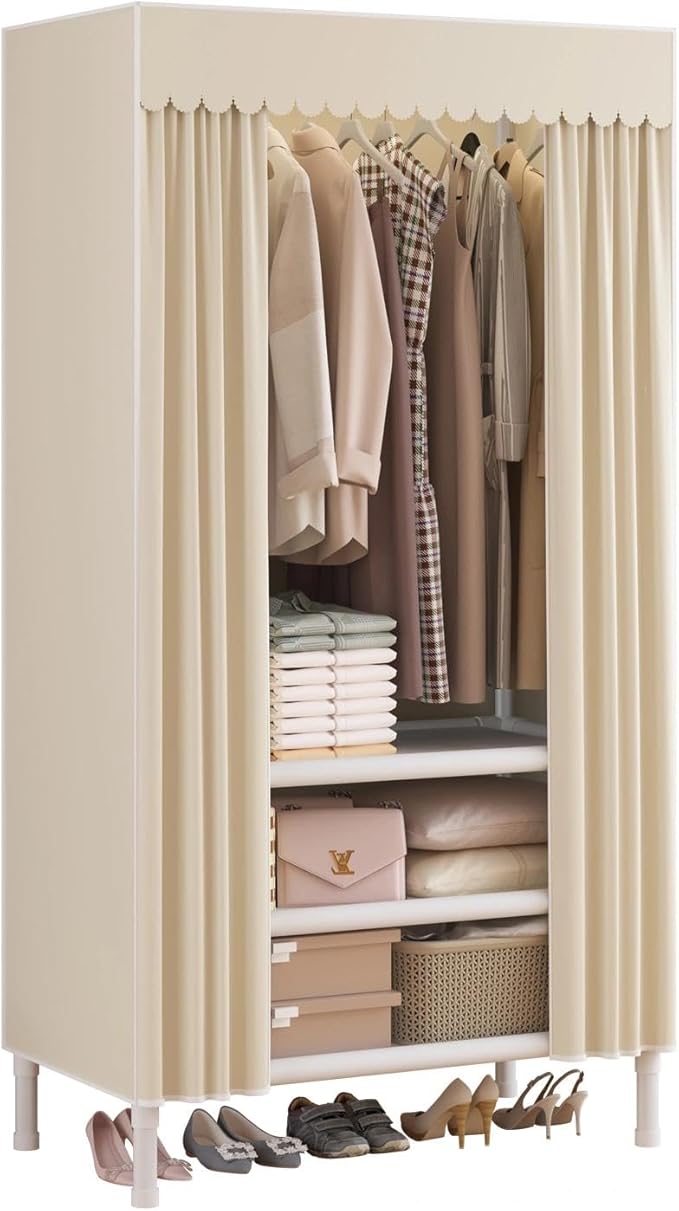 Portable Closet,Garment Rack,Heavy Duty Clothes Rack with Cover,Wardrobe Closet with 1 Hanging Rods, 2 Storage Shelves,27.5" L x 17.7" W x 67.7" H,Pale Yellow