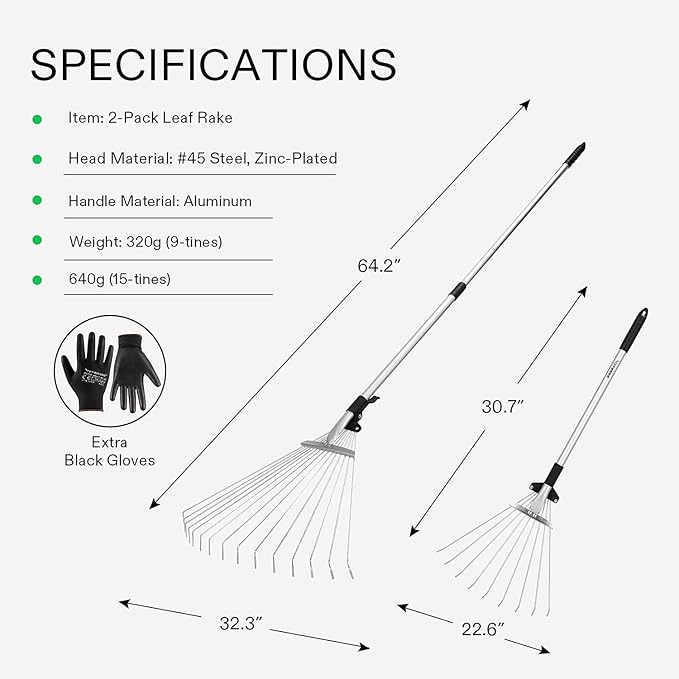 VIVOSUN 2-Piece Leaf Rake Set - Adjustable Garden/Camping Rake with 15/9 Tines, Collapsing Tines & Telescopic Handle (64'' & 30'')