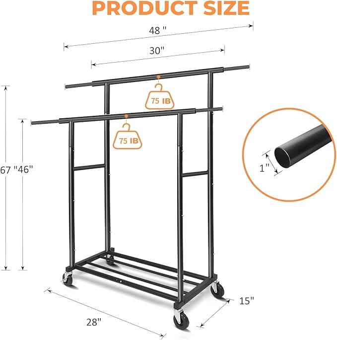 Fishat Stand Portable Black Double Rods Garment Clothes Rack with Rolling and Lockable Wheels Mobile, 48" W x 15" D x 67" H, Metal Simple Hanging Clothes with 2 Hook
