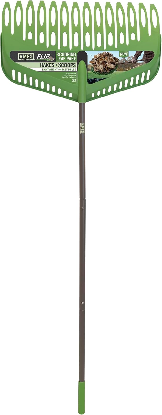 Flip Scooping Leaf Rake, Heavy Duty Lawn and Yard Care, Extra Wide Head, Green