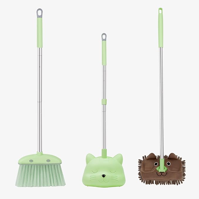 28'' Kids Mini Broom with Dustpan & Mop Set - Toddler Cleaning Toy, Toddler Household Helper, Parent-Child Interactive Play Cleaning Tool, Cute Cartoon Design, Small Safe Corner Broom (Green)