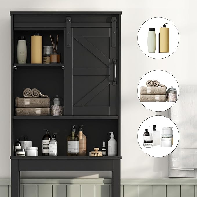 Over The Toilet Storage Cabinet, Bathroom Organizer with Anti-Tip Kit, Adjustable Shelves, Elegant Matte Black Finish Suits Modern Bathrooms.