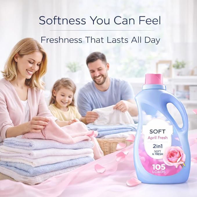 Liquid Fabric Softener and Conditioner, April Fresh Scent, 77 fl oz, 105 Loads – Laundry Softening Liquid for Fresh Scented Clothes and Reduced Static