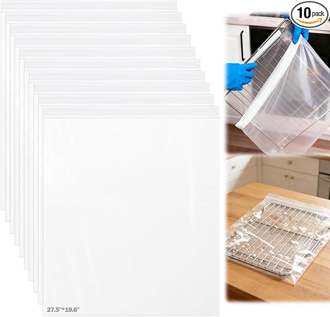 XANGNIER 10 Pack No Scrub Oven Rack Cleaning Bags 27.5*19.6 in,No Cleaner Included,Simple to Use,No Messy Hands Reusable Leakproof Soaking Cleaner Bags for Removable Metal Rack,BBQ Grills,Grill Grate