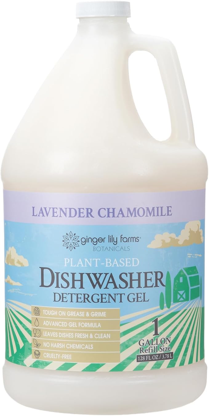 Ginger Lily Farms Botanicals Plant-Based Dishwasher Detergent Gel, 100% Vegan & Cruelty-Free, Lavender Chamomile Scent, 1 Gallon Refill (Pack of 4)