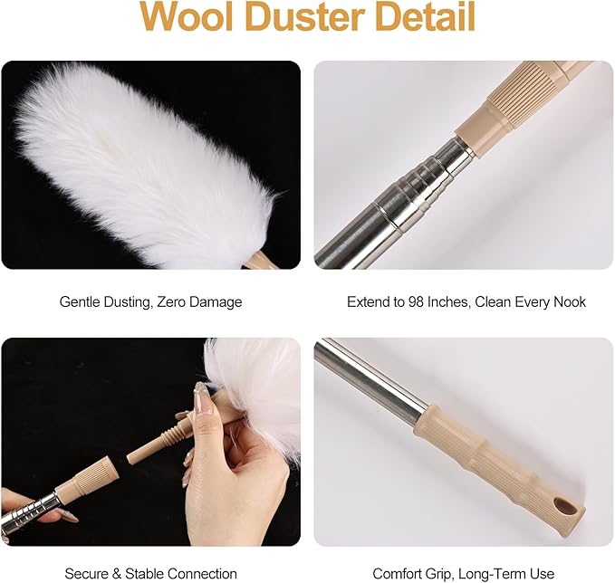White Lambswool Extendable Duster, 32-98 Inch Bendable Wool Head with Anti-Static Properties and Stainless Steel Extension Pole for Ceiling Fans, High Walls, and Roof Dusting(Two Pack)